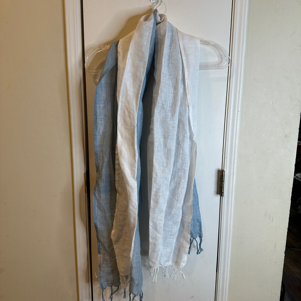 Cotton Linen Colorblock Scarf Blue White Fringe Shawl Wrap Lightweight 68x23